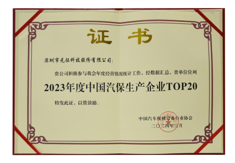 Selected as one of China's TOP 20 Automotive Maintenance Equipment Manufacturers(2023)
